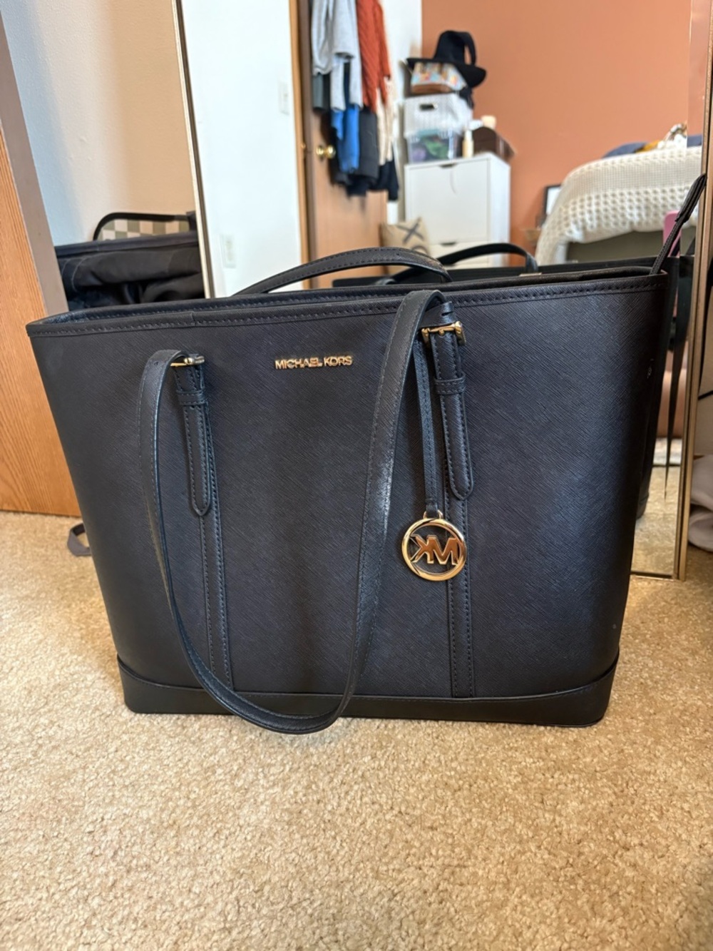 Michael Kors Black Saffiano Leather Tote with Gold Accent Charm
